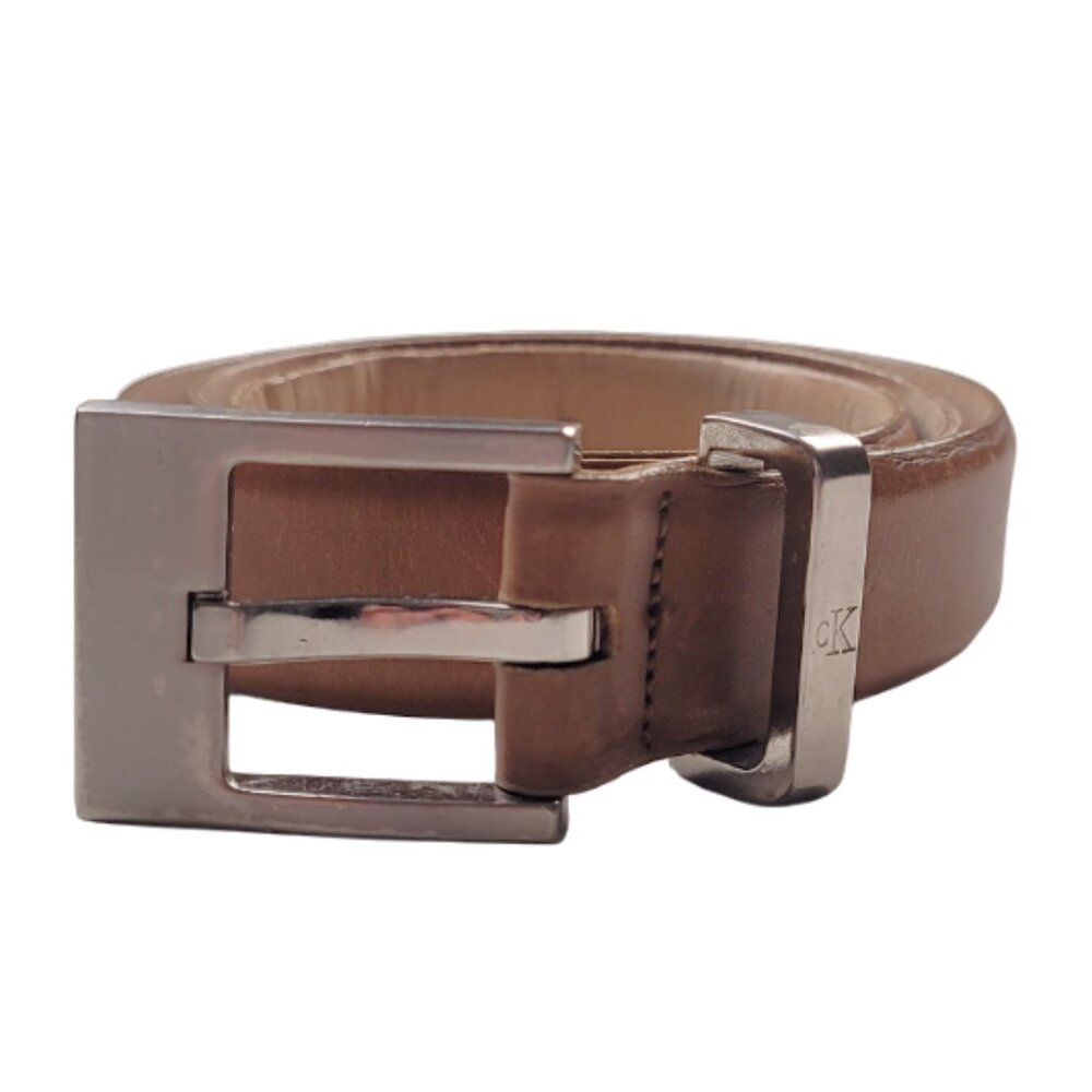 CALVIN KLEIN Vintage Tan Calfskin Leather Belt Silver Buckle women's small USA